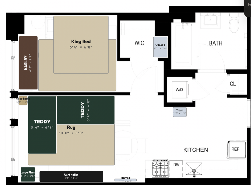 Floor plan of a 1-bedroom apartment